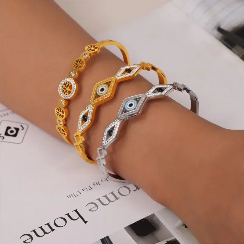 

Trendy Stainless Steel Round Bangle For Women Rhinestone Devil's Eye Tree of Life Hollow Wristband Bracelets Jewelry Gifts