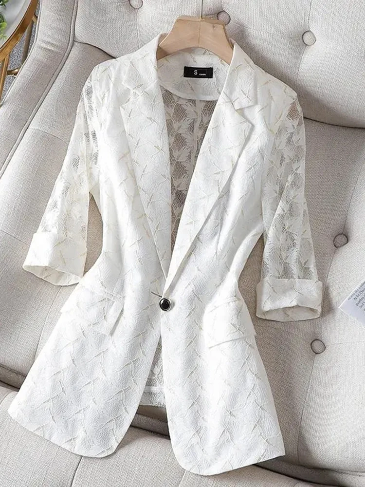 White Lace Women Blazer 2022 New Elegant Hollow Out Thin Sun Protection Summer Blazers Lady Office Suit Jackets Coat Slim Tops