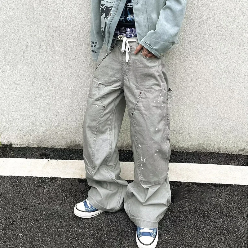 Calças Jeans Unissex Y2K American Splash Ink 2026: Calças Casuais de Perna Larga Estilo Coreano High Street para Outono