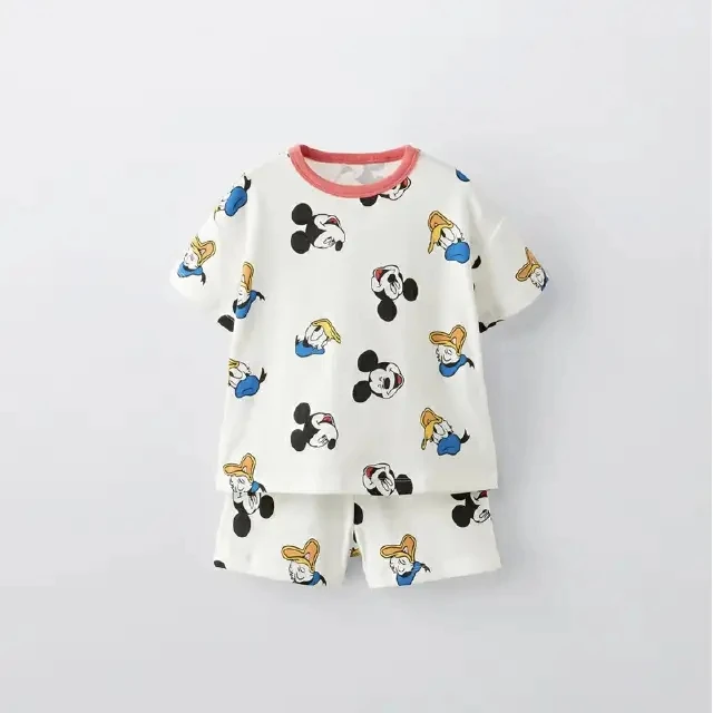 Baby Print Cartoon Disney Mickey T-shirt+shorts Two-piece Set Fashionable Round Neck Lace Children's Clothing