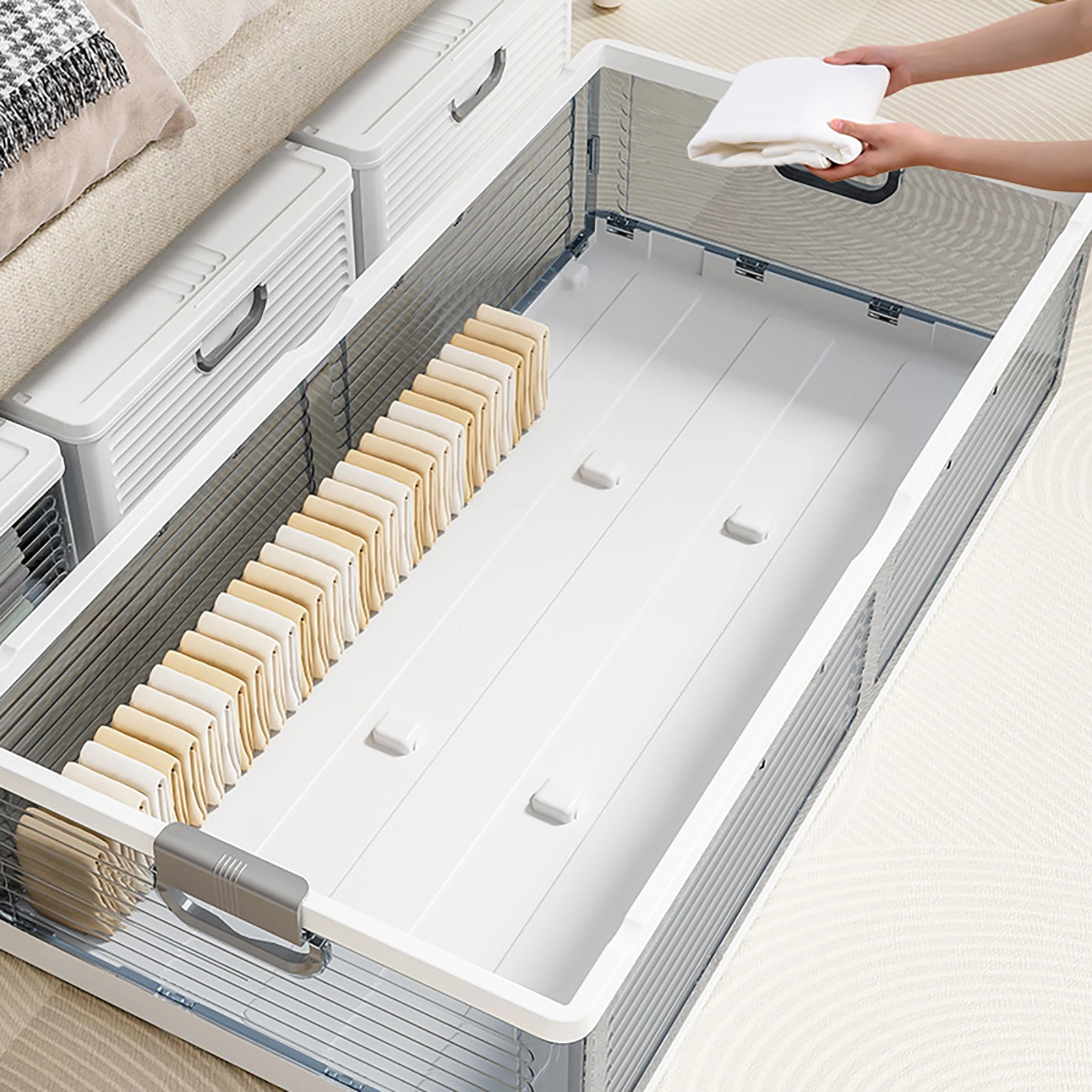 Unterbett-Aufbewahrungsbox mit Rollen & Deckeln 101*51,5*24cm Faltbarer Organizer 6 Verriegelungsschnallen Staubdicht für Decken Kleidung Spielzeug – Detail 19