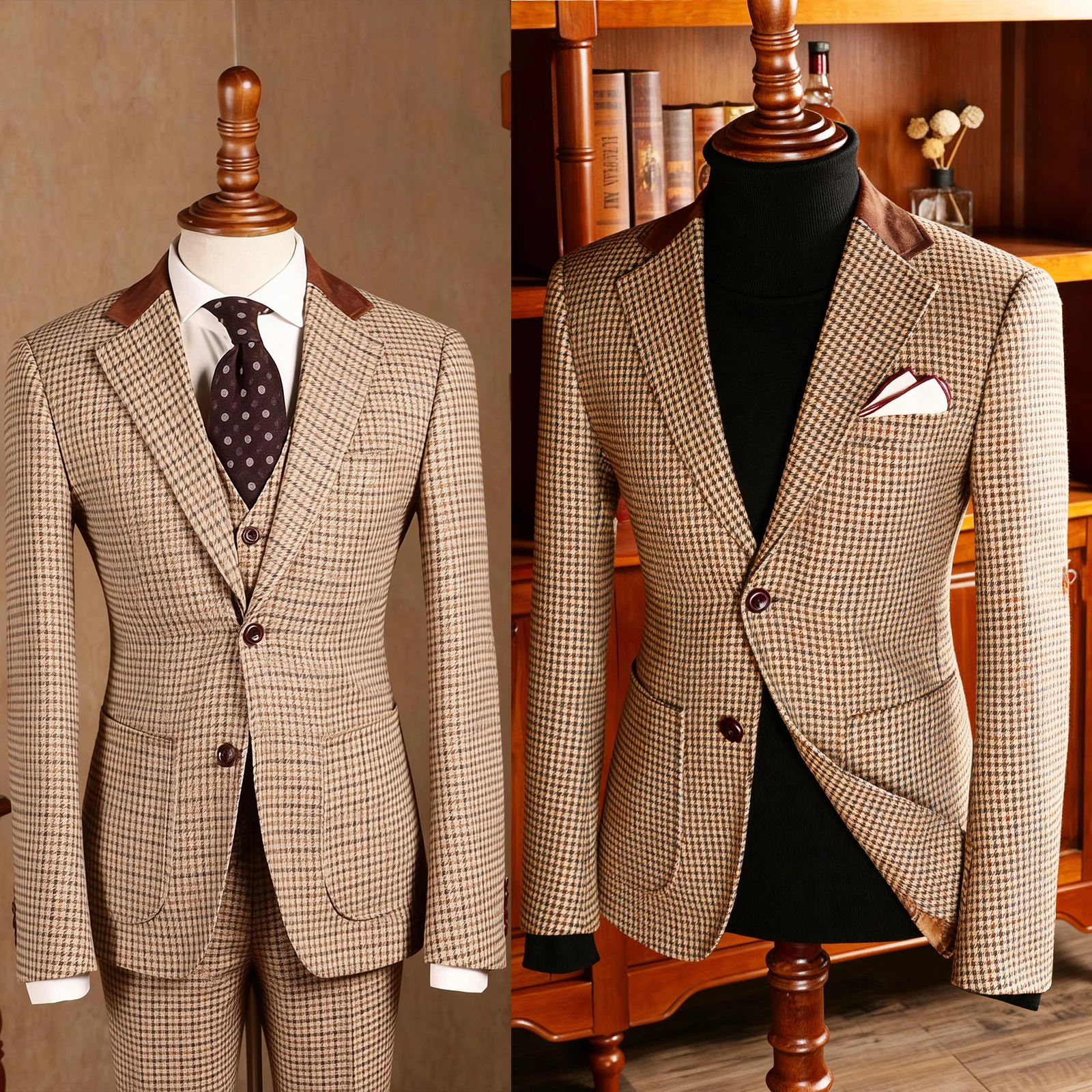 Casual Wedding Tuxedos Houndstooth 3 Pcs Jacket Vest Pants Men Suit Classic Fit Notched Lapel Evening Groom Customized