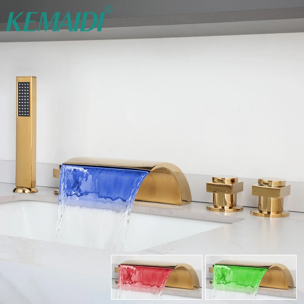 KEMAIDI Roman Tub Filler LED Waterfall Tub Faucet Gold Deck Mount Bathtub Faucets Brass Bathroom Faucets with Handheld Shower