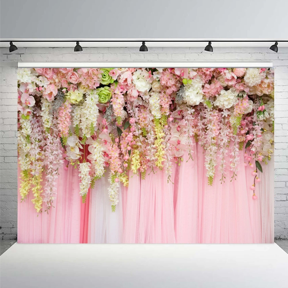 Floral Flower Backdrop Pink White Flowers Wedding Birthday Party Ceremony Decor Photographic Background Photo Studio Props