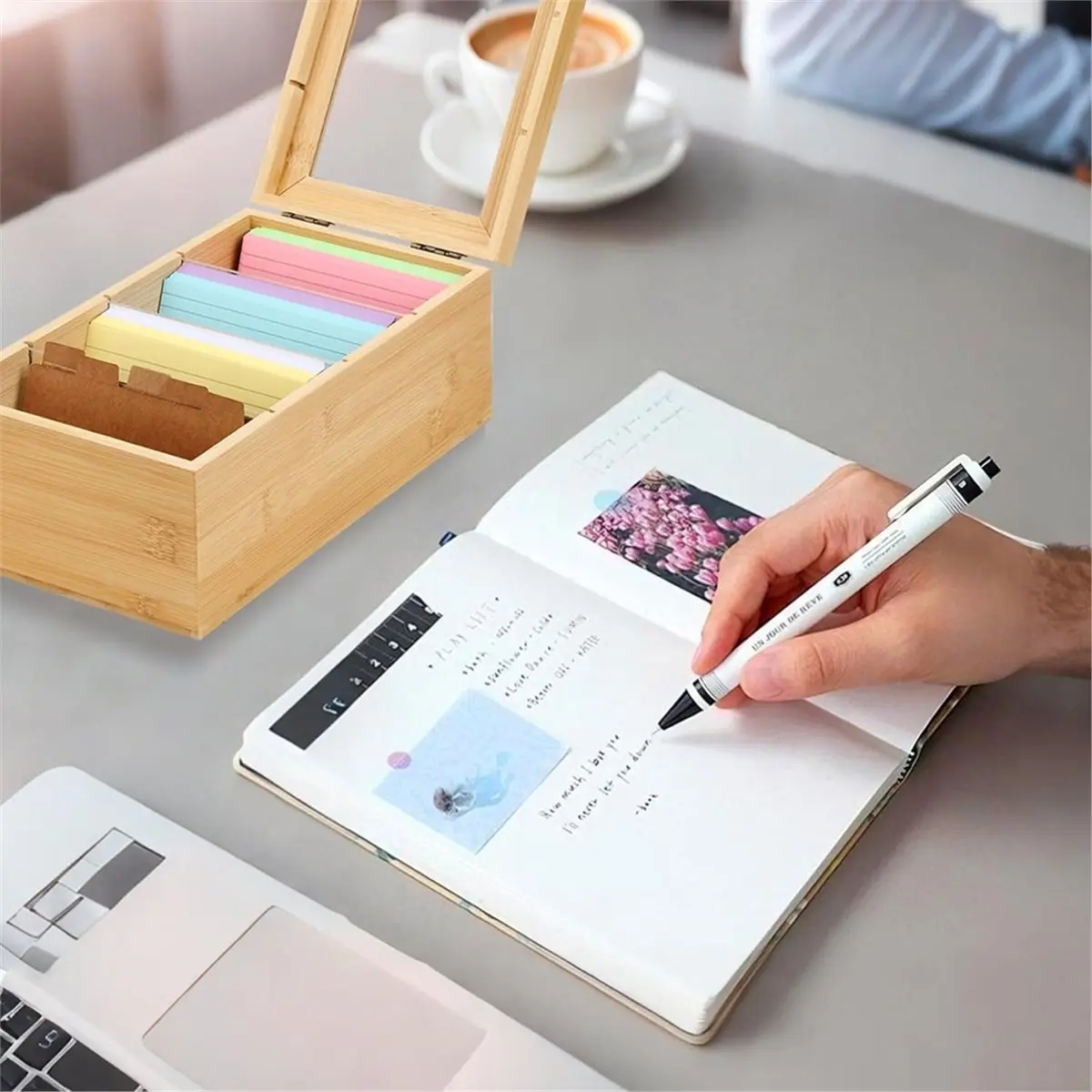 Wooden Index Card Box with 300 Lined Cards, 5 Paper Cards for , School, Study (3 X 5)