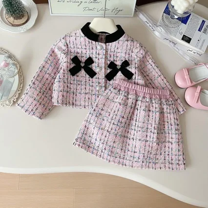 

2025 Autumn Children Girls Two-piece Clothes Set Kids Girls Bow Pink Coat Outfits Elastic Waist Infant Babys Girls Skirts Suits