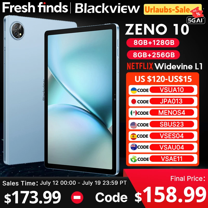 Blackview Zeno 10 5G AI Tablet 11-inch FHD+ 90Hz Display Widevine L1 UNISOC Tiger T8200 8800mAh Quad Speakers Android 15 Pad PC