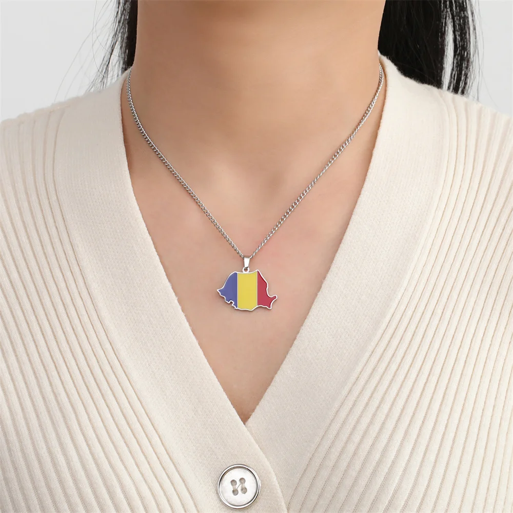 EUEAVAN Emaille Rumänien Karte Halskette Frauen Männer Edelstahl Trendy Rumänische Flagge Anhänger Ketten Halsband Ethnische Schmuck Geschenke – Detail 11