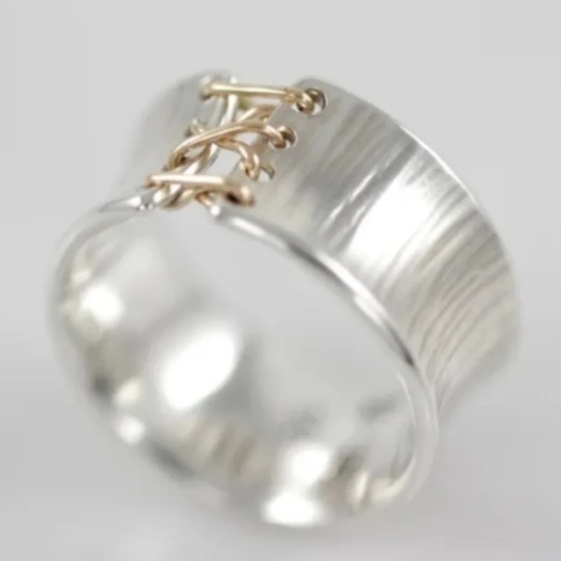 Simple Two Tone Stitched Cross Wide Face Ring Exquisite Metal Texture Silver Plated Ring Fashionable Women's Jewelry Accessory