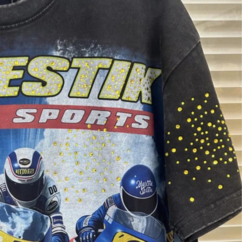 26SS Men Women Hiphop Street Outfit MAJESTIK Tshirts Yellow Rhinestone Letter Racing Motorcycle Graffiti Print Short Sleeve Tops