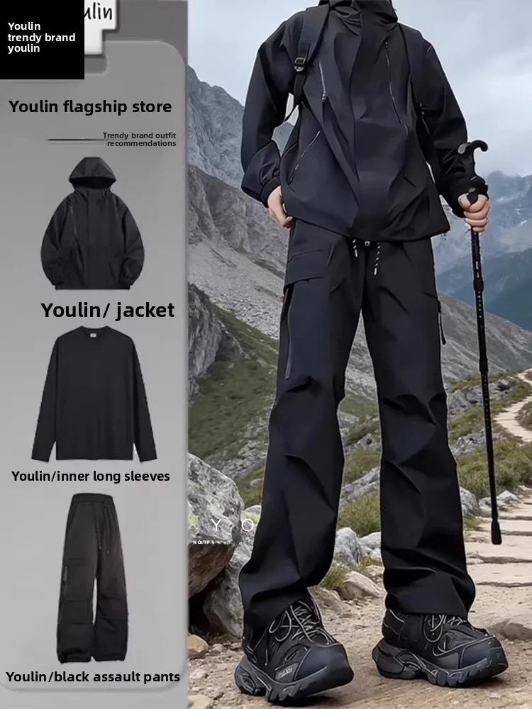 American Style Three-Proof Outdoor Sports Suit Men's Spring Autumn Waterproof Windproof Climbing Pants Casual Sportswear Jacket