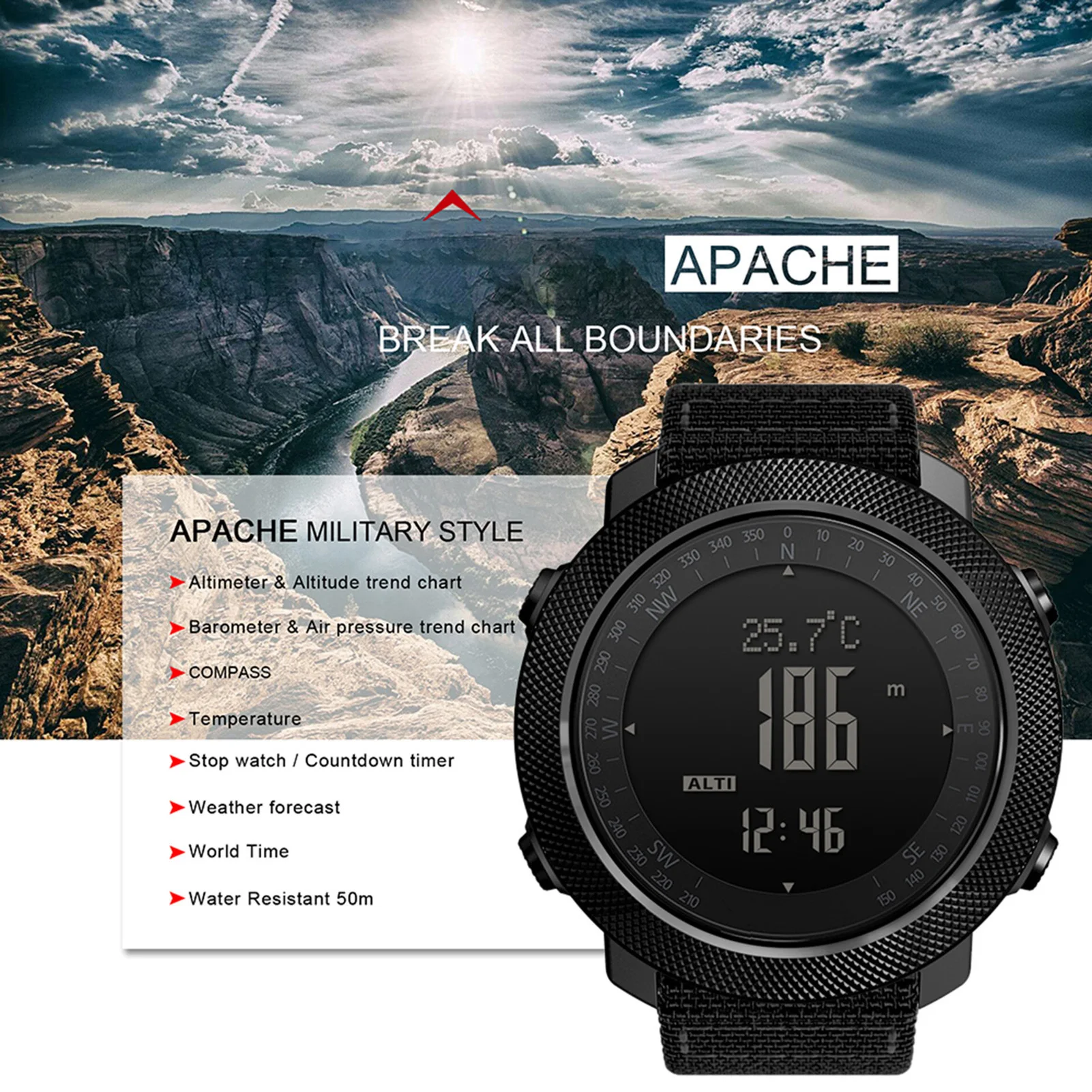 Outdoor Digital Sports Watch with Altimeter Barometer Compass World Time 50M Waterproof Pedometer Wrist Watch
