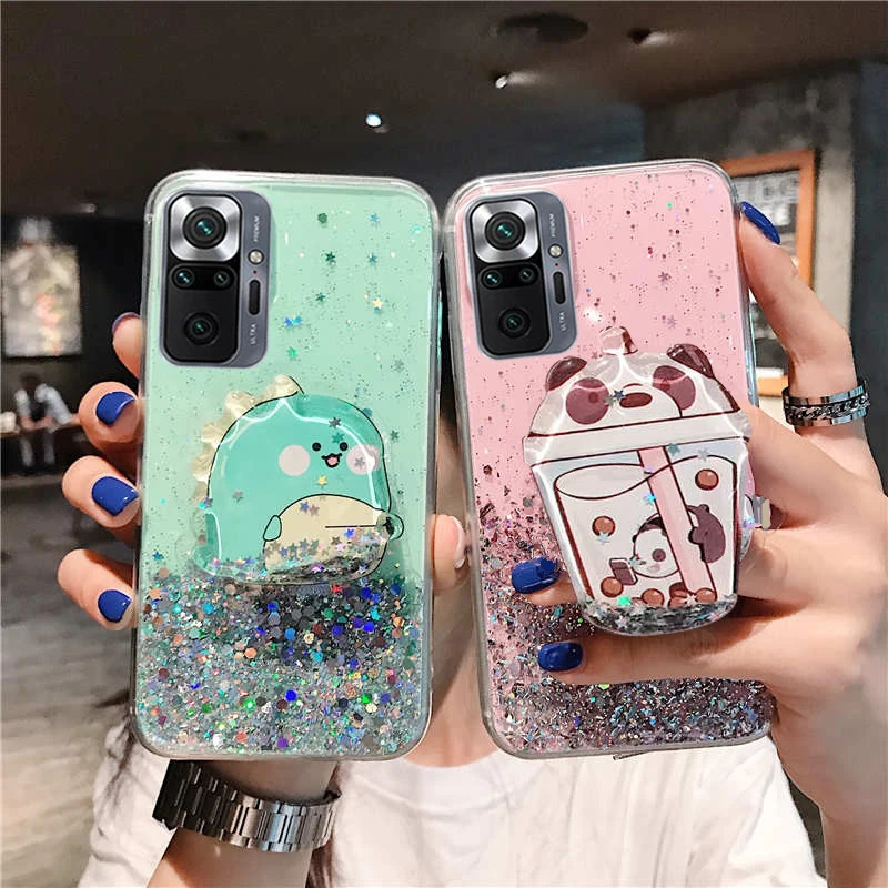 Cartoon Dynamic Glitter Protector Phone Case For Xiaomi Redmi Note 10 10s 9T 9C POCO X3 M3 F3 Mi 11 Lite Liquid Soft Back Cover