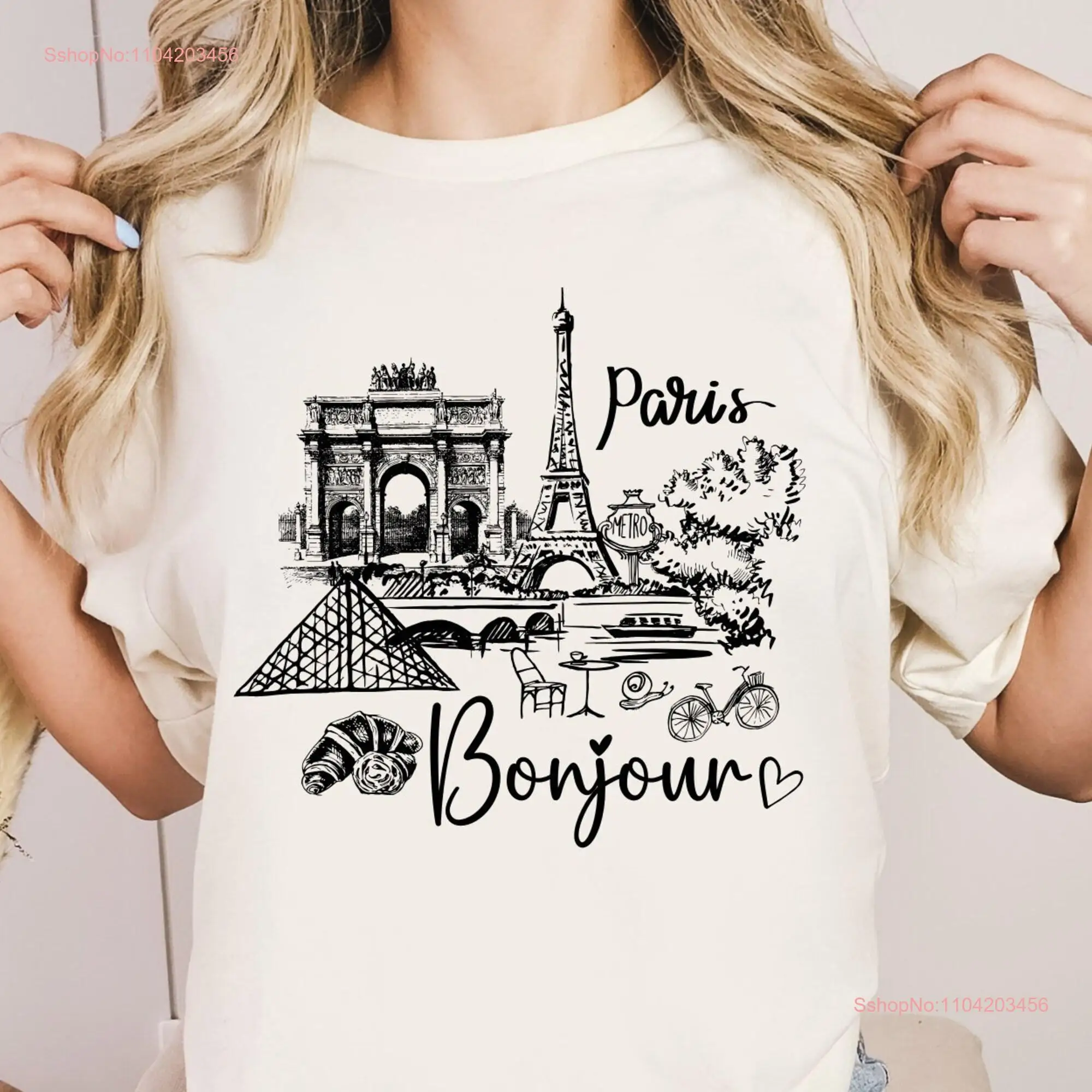 Bonjour Paris T Shirt Eiffel Tower for Traveler France Trip Travel to Vacation long or short sleeves