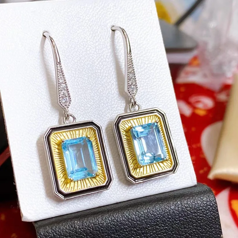 

Original 925 Sterling Silver Drop Earrings Natural Topaz Anniversary Gift Christmas Fine Jewelry Elegant Wedding Rectangle Shape
