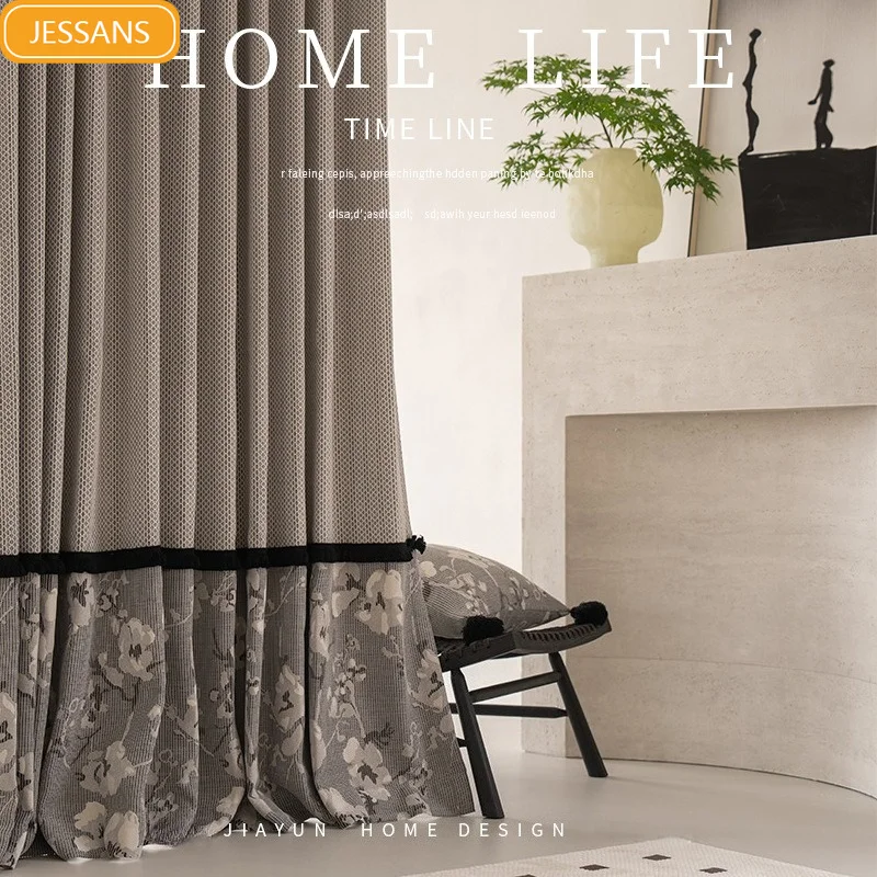 Upper and Lower Stitching Lace Senior Grey Jacquard Chenille Curtains for Living Room Bedroom French Window Customized Balcony