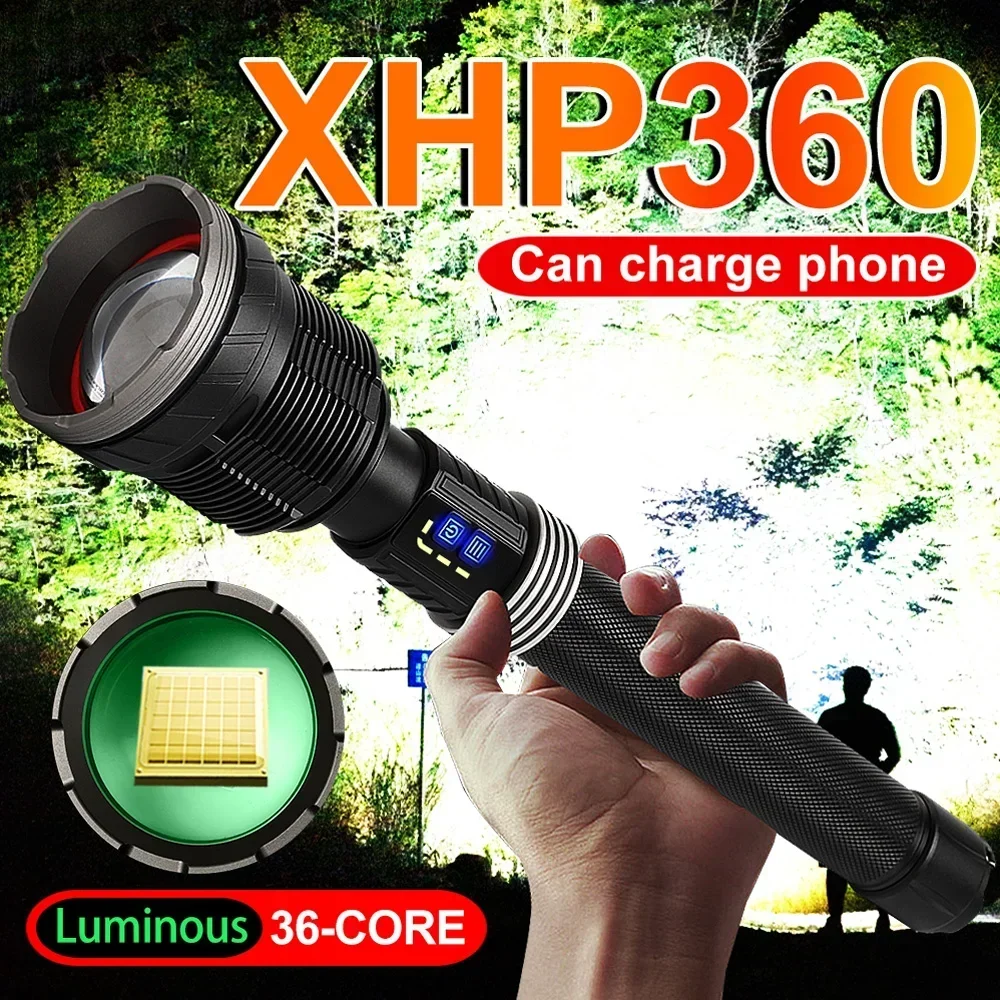 XHP360 Military-grade Super High Power Flashlight 36 Cores Wick Zoomable Waterproof Rechargeable Flashlight with Safety Hammer