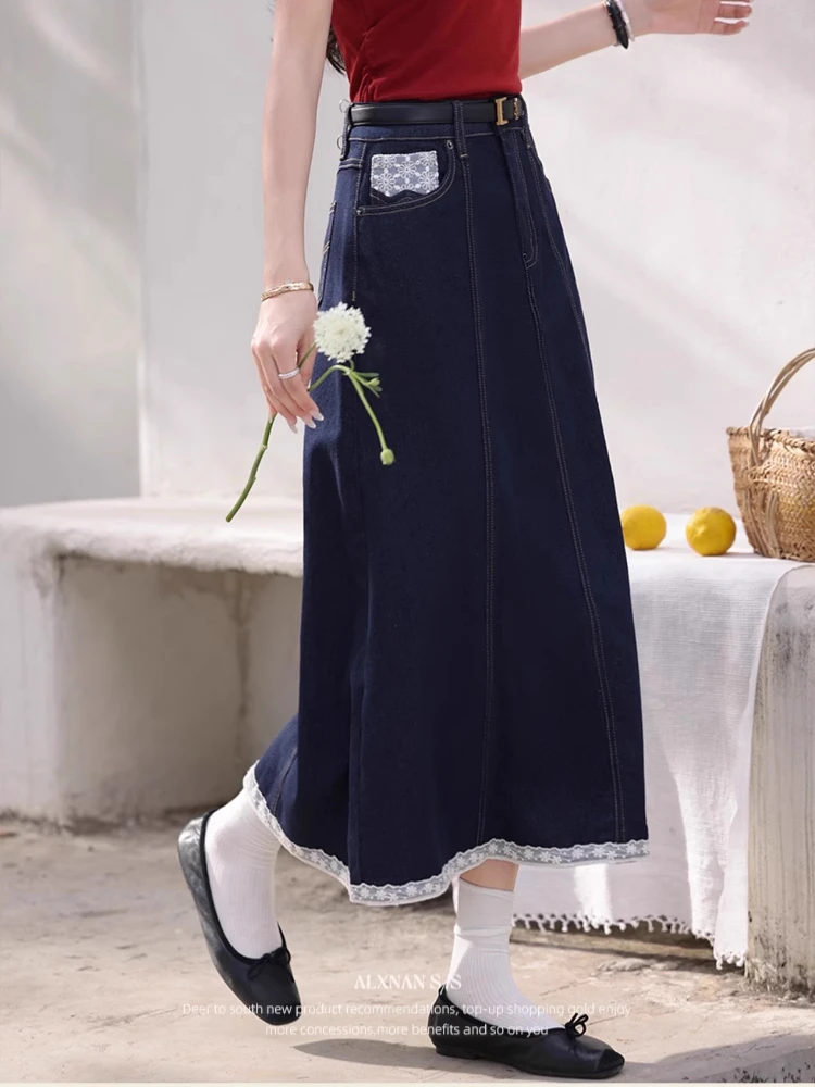 ALXNAN Women's Long Skirt Blue Vintage High-waist A-line Midi Denim Skirt 2025 Summer Casual Lace Design Ladies Clothing L55711