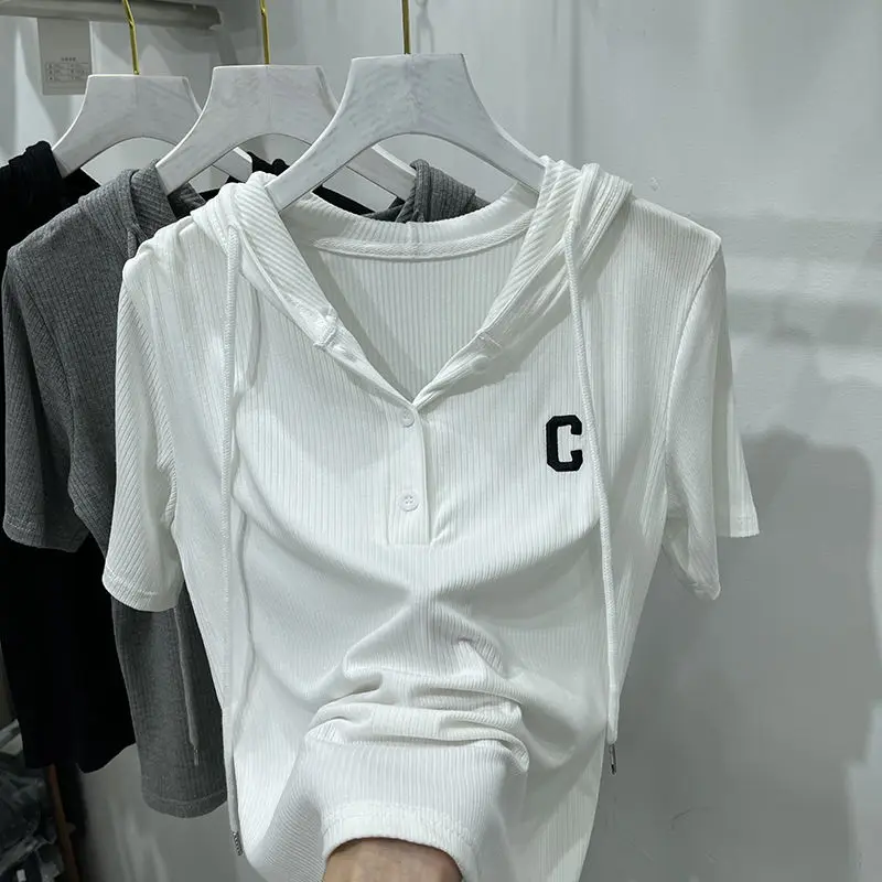 

plus Size European Design Hat T-irt ort Sve Women's Fatter Siblings Ribbed Anti-Aging Knitted Top Summer V-Ne Loose Fit