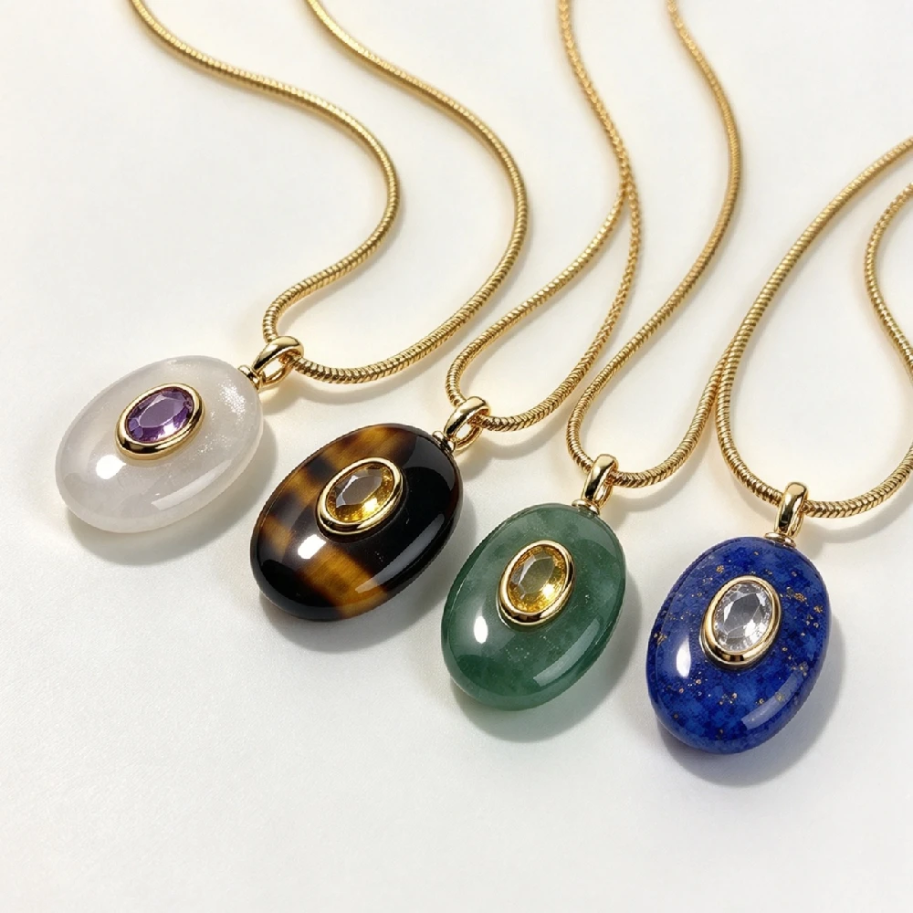 1PC Retro Oval Rock Specimen Necklace,Embedded Decorative Mineral Charm,Hand‑styled Daily Wear Jewelry Golden Plated N2C071