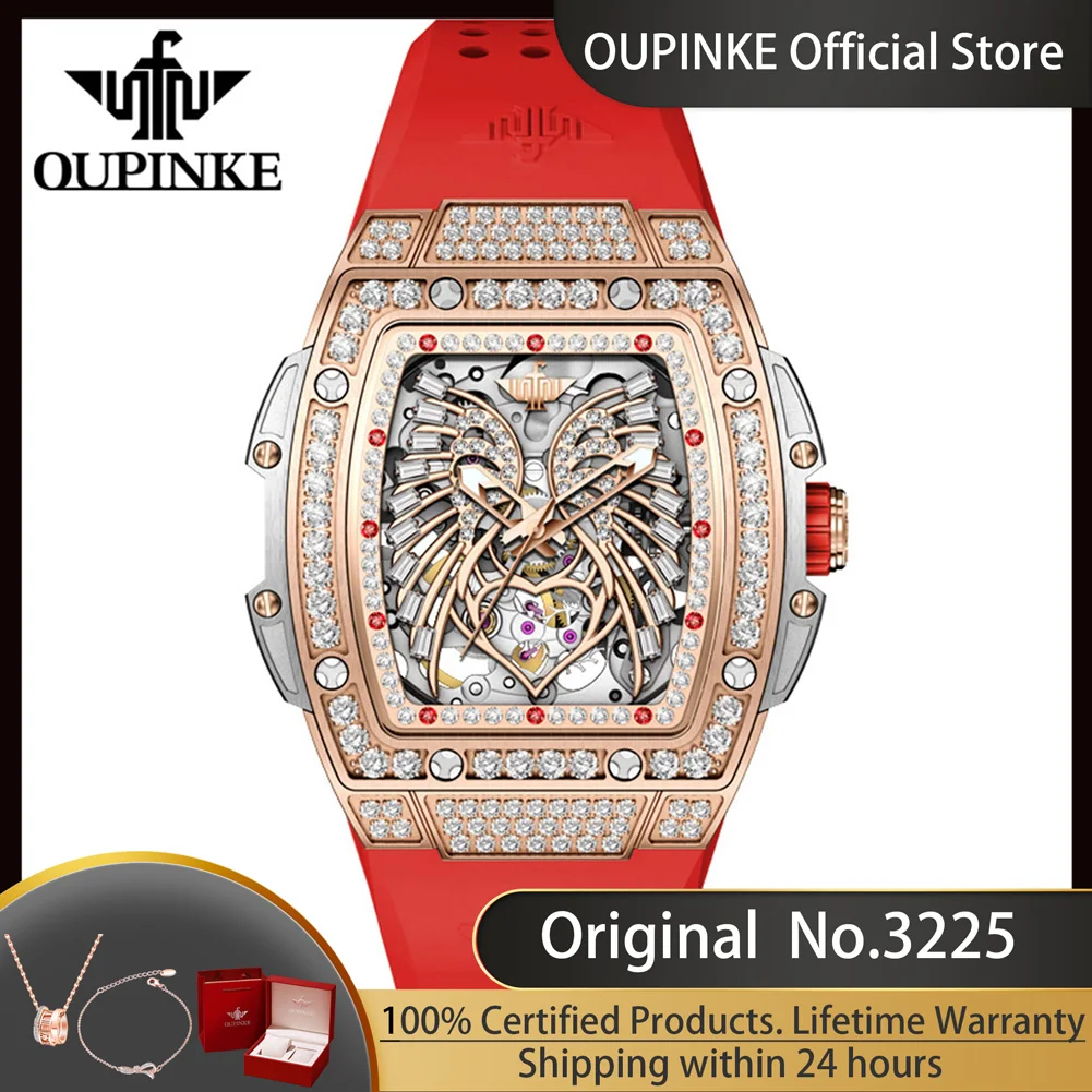 OUPINKE 3225 Luxury Fully Diamond Watch for Women Imported Mechanical Movement Automatic Watch Silicone Strap Square Wristwatch