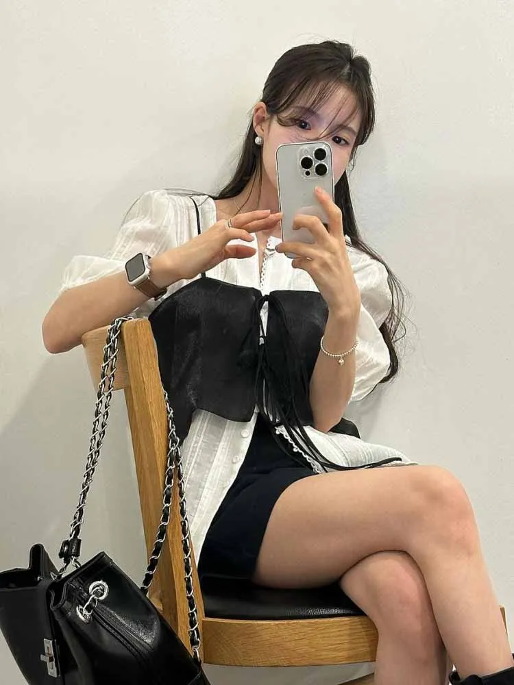 

Chic ort Strap Vest Women's Summer Outerwear Belted Layered Top Small Size Commute Sle Pure Color Loose Fit