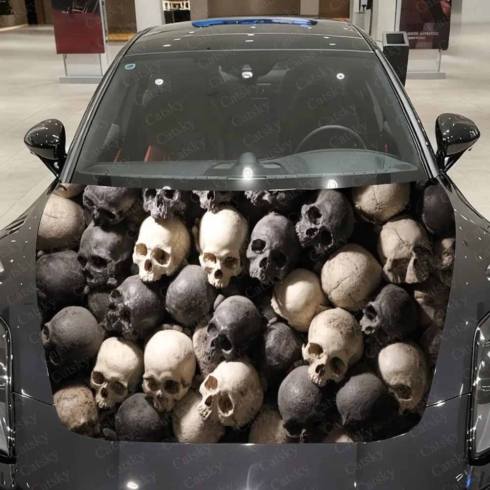 Skull Cluster Dark Mystery Pattern PVC Car Hood Wraps, Self-Adhesive Waterproof Car Bonnet Decal Sticker, Car Decoration Protect