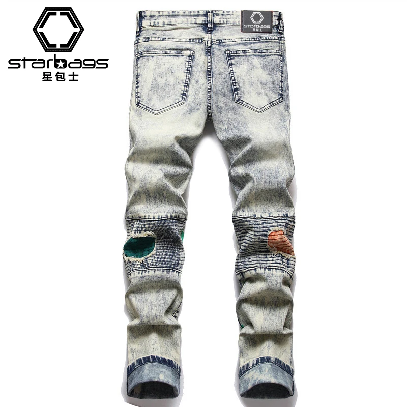 New 2024 fall punk men's jeans Fashion urban ripped print patchwork mid-waist pants