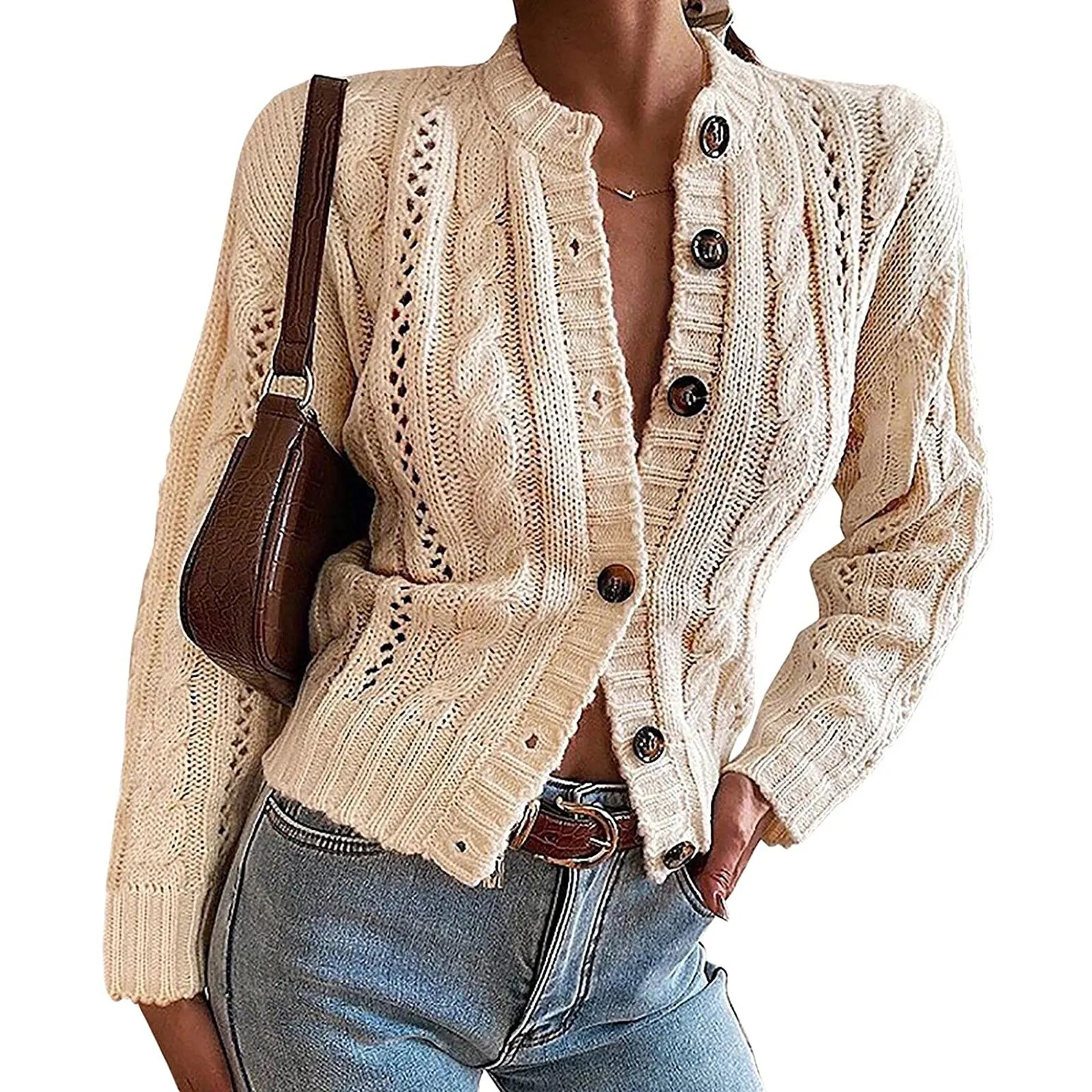 

Womnes Button Down Cropped Boho Open Front Long Sleeve Cardigans Outerwear