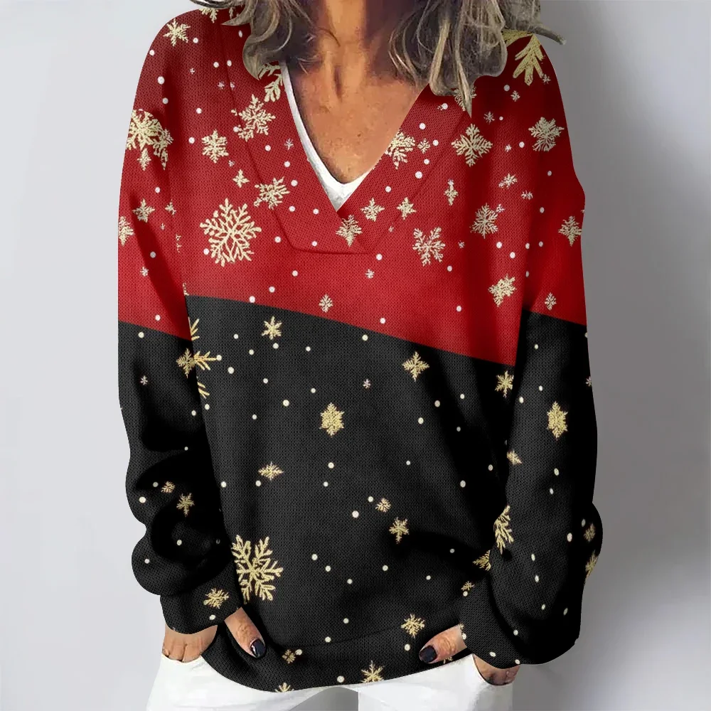 Shiny Christmas Women Oversized Deep V Neck Sweatshirts Snowflakes Print Hoodie Elegent Pullovers Sexy Long Sleeve Loose Jumper