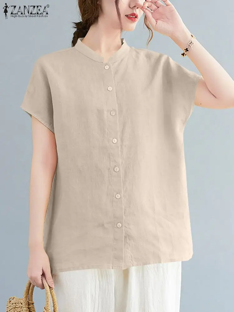 ZANZEA Women Summer Shirt Fashion Short Sleeve Solid Cotton Blouse Vintage Buttons Down Casual Loose Tops Tunic Female Blusas