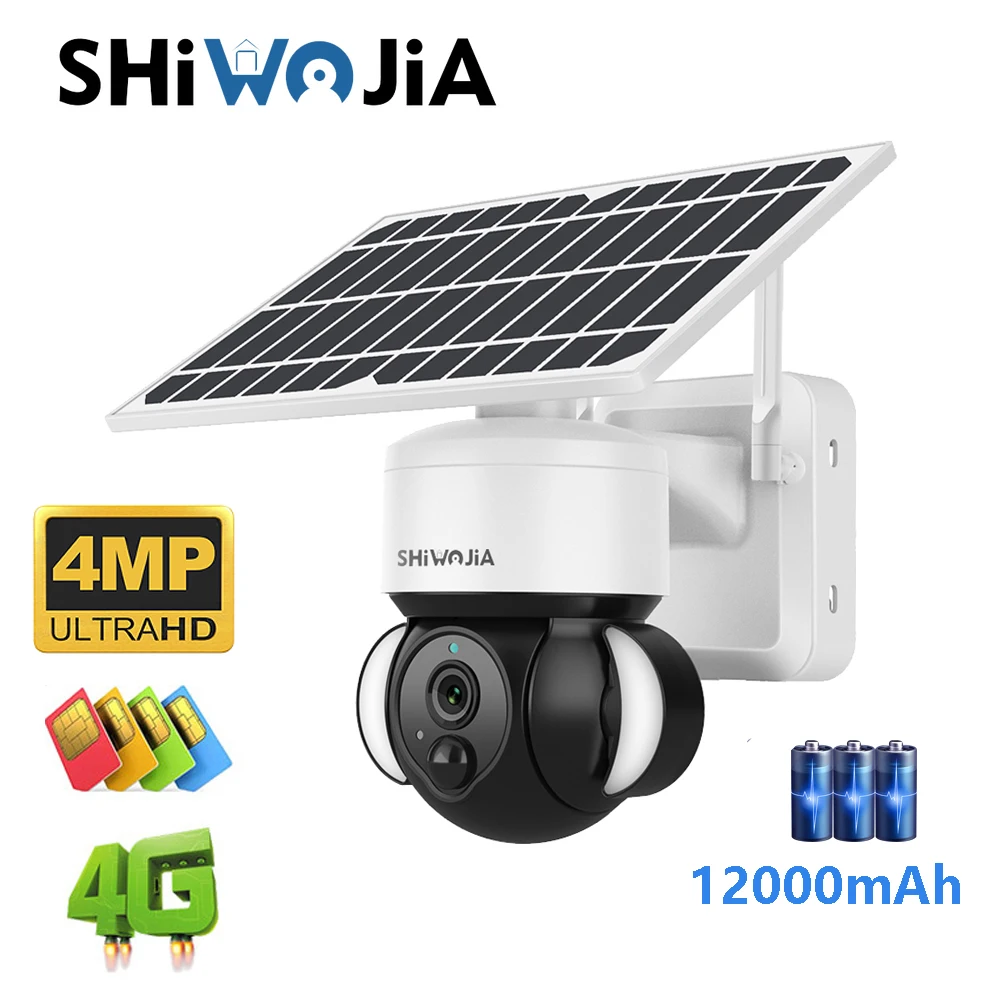 SHIWOJIA Solar Camera 4G SIM /Wifi Outdoor Wireless Cctv Cloud H265 Solar Power Garden Lights Security Surveillance Battery Cam