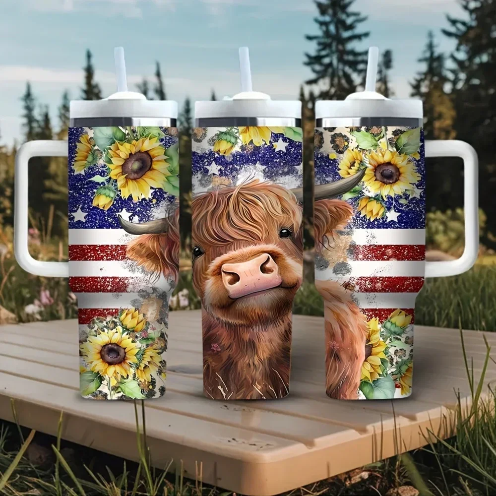 40Oz Tumbler with Handle, Cute Highland Cow Sunflower American Flag Print, Fits for all People, Suitable for Hot And Cold Drinks, Ideal for Daily Use And Outdoor Travel