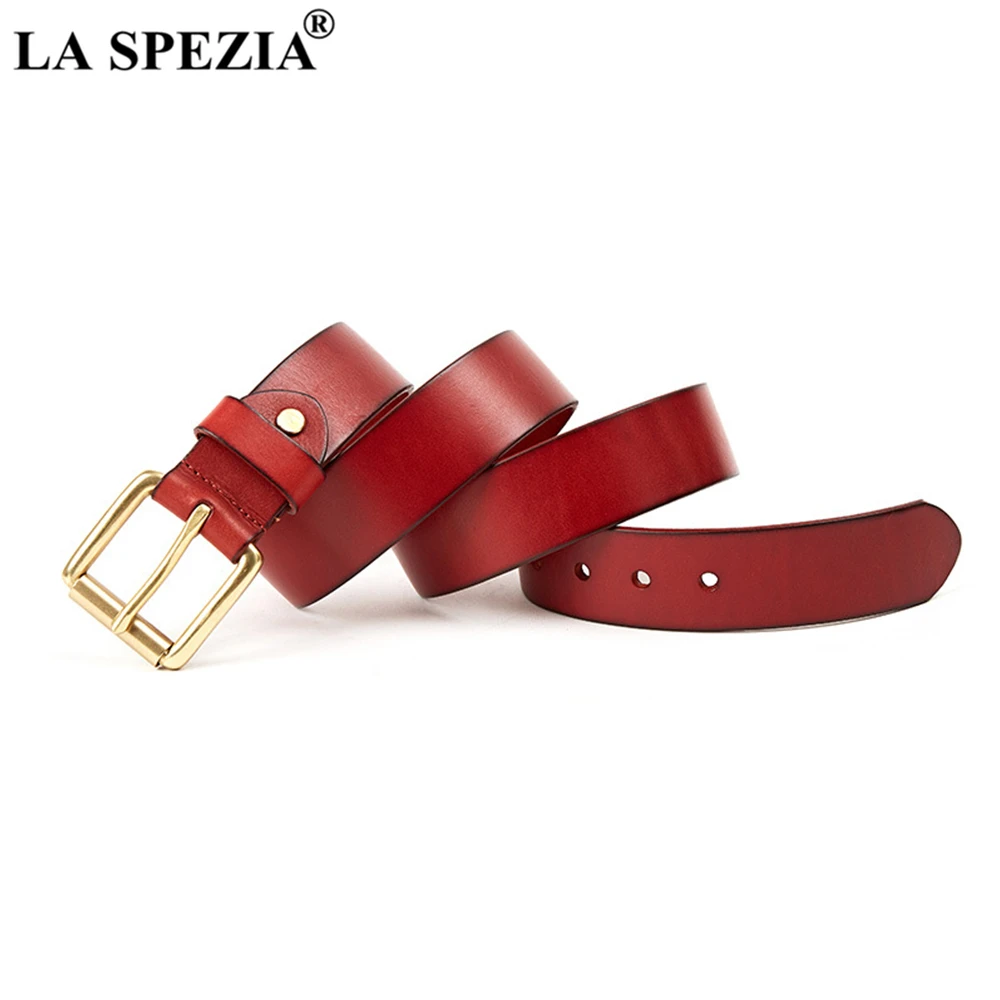 LA SPEZIA Real Leather Men Casual High Quality Belt Brass Buckle Genuine Leather Belt Male Black Coffee Red Men's Belt 115cm