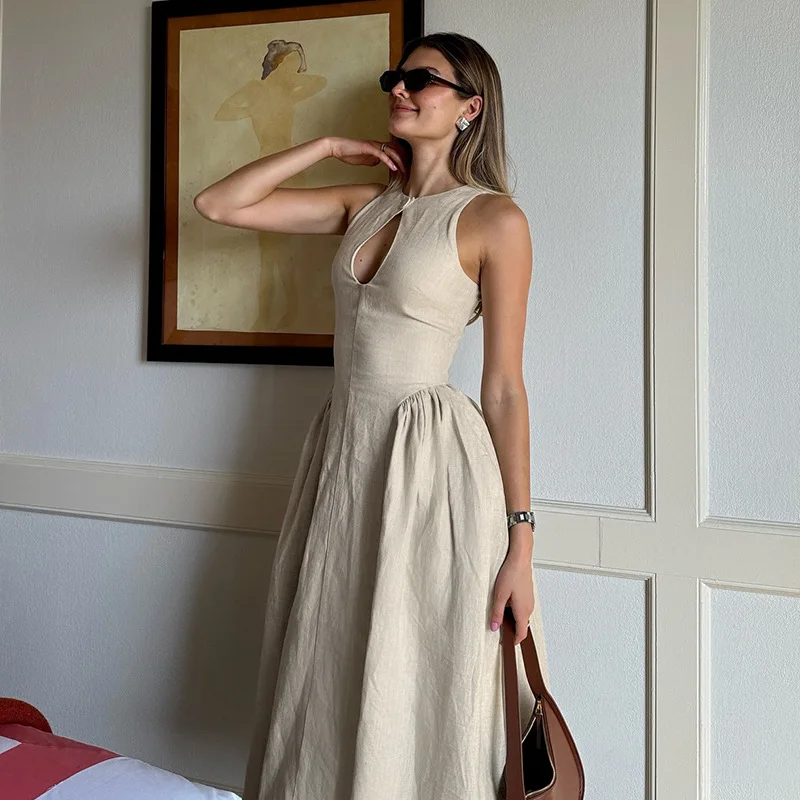 Single Button Chest Hollowed Out Solid Long Dress for Women Elegant O Neck Cut Out Zipper A-line Sleeveless Summer Street Robes
