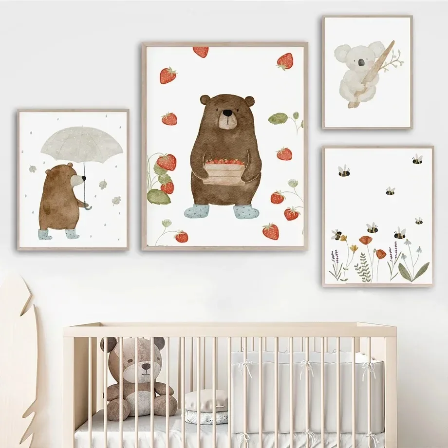 Cute Boho Animal Bear Hedgehog Koala Bee Rabbit Nursery Wall Art Canvas Painting Pictures Baby Kids Aesthetic Room Decor