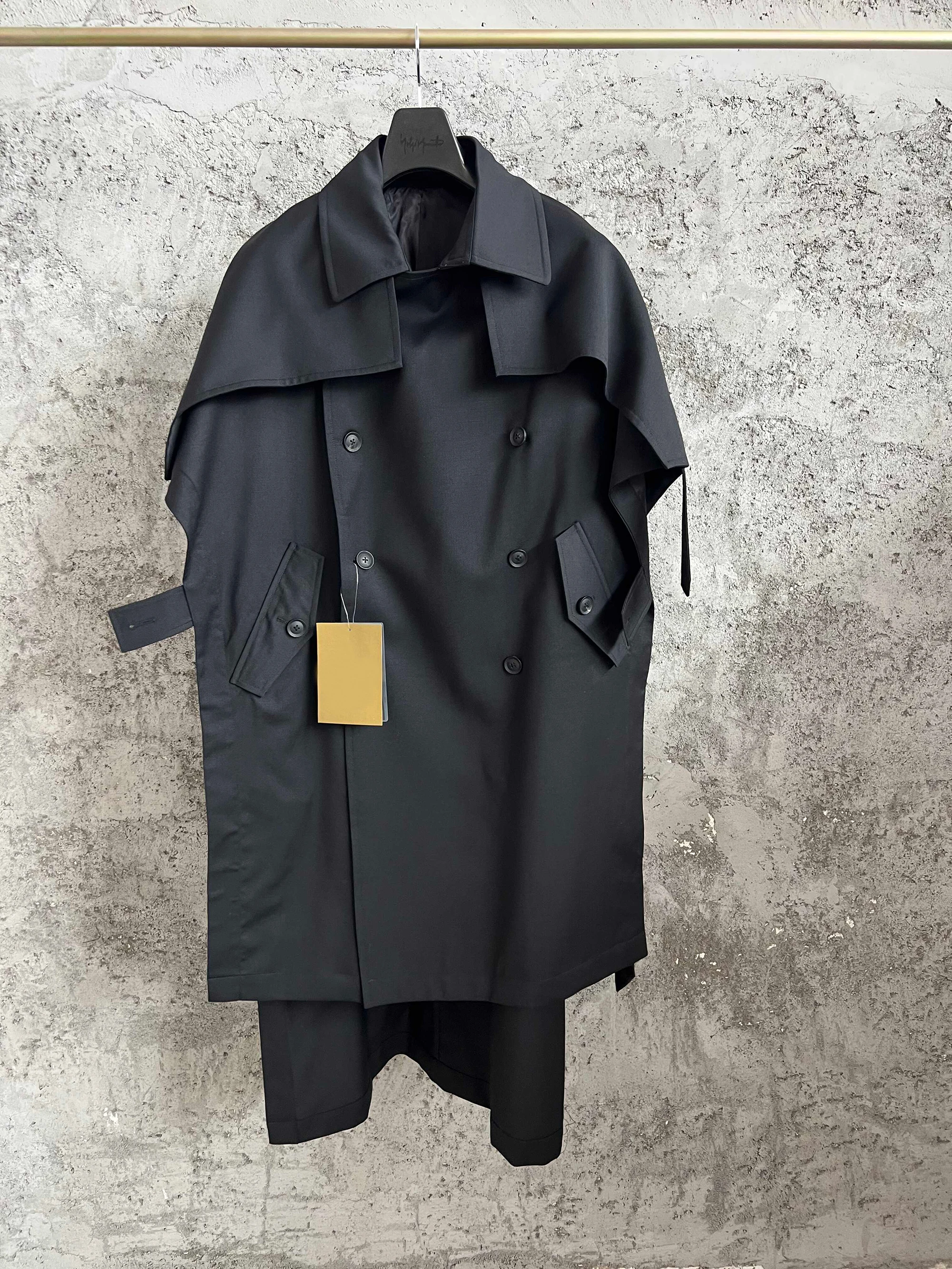 TOP-YAMAMOTO Japanese original design Dark style loose wool mixed tie double-breasted overcoat for men 5 TOP-YAMAMOTO Japanese original design Dark style loose wool mixed tie double-breasted overcoat for men 5
