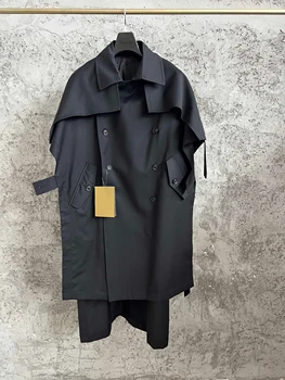 Men's Dark Wool Blend Double-Breasted Overcoat 5 TOP-YAMAMOTO Japanese original design Dark style loose wool mixed tie double-breasted overcoat for men 5