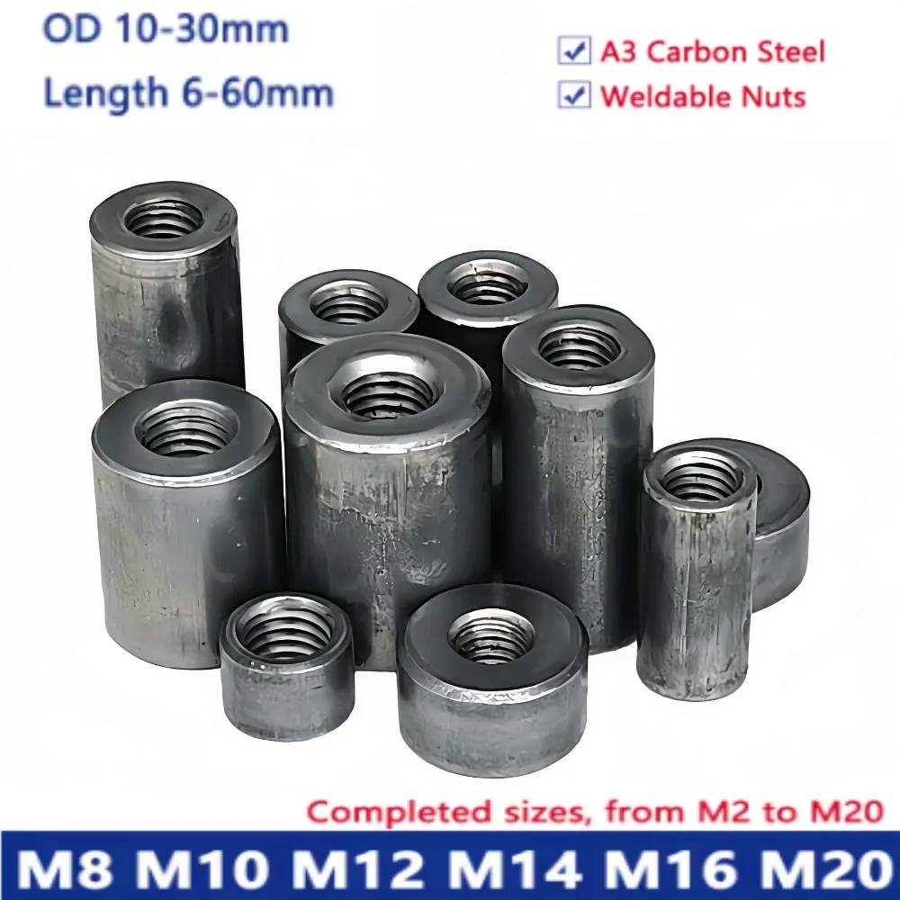 A3 Carbon Steel M8 M10 M12 M14 M16 M20 Extended Round Nut Weldable Cylindrical Threaded Sleeve Bushing 6-60mm Fastener