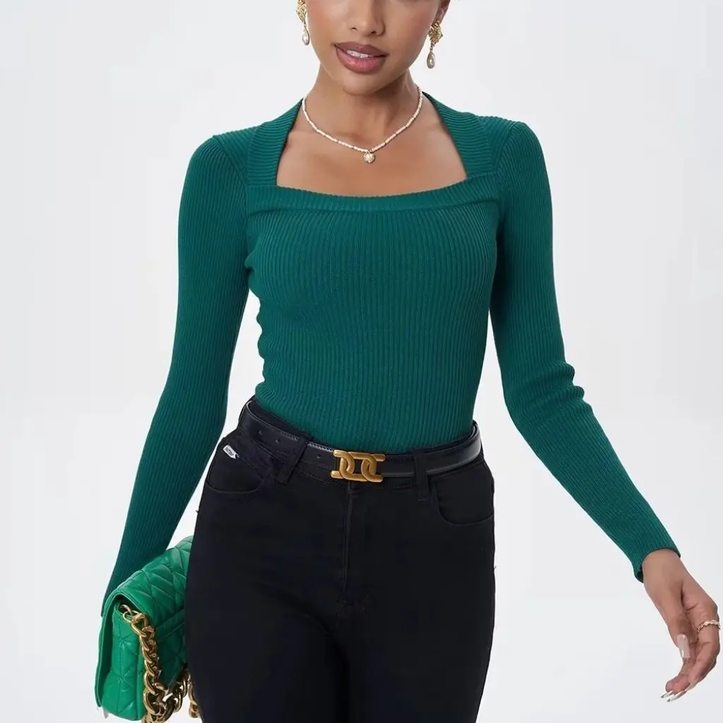 

Women's American Style Solid Color Square Neck Sweater Stretch Slim Fit Knitted Top for Autumn Winter Fashion Hot Girl