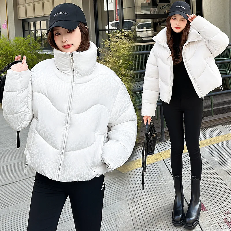 Women Short Parkas Coat Solid Jacket Pocket Zipper Drawstring Long Sleeve Stand Collar Loose Fit  Office Lady Casual 2025 Winter