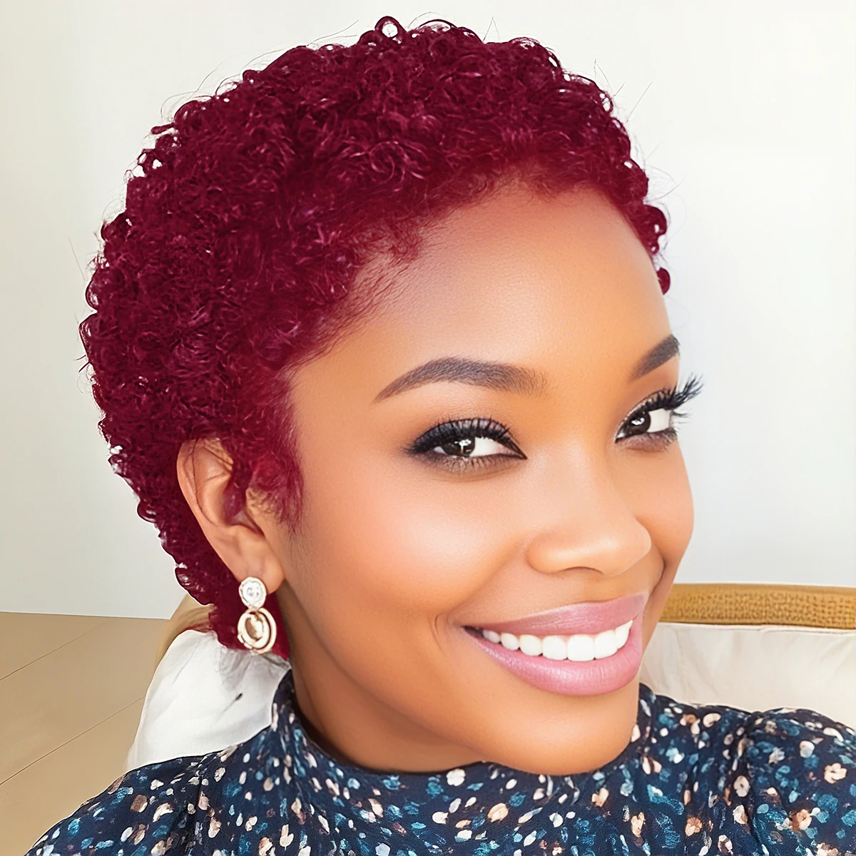 Pelucas Cortas Afro Rizadas para Mujer, Cabello Humano, Peluca Rizada, Corte Pixie, Estilo Africano Voluminoso, Color Rubio Vino Tinto, Hechas a Máquina
