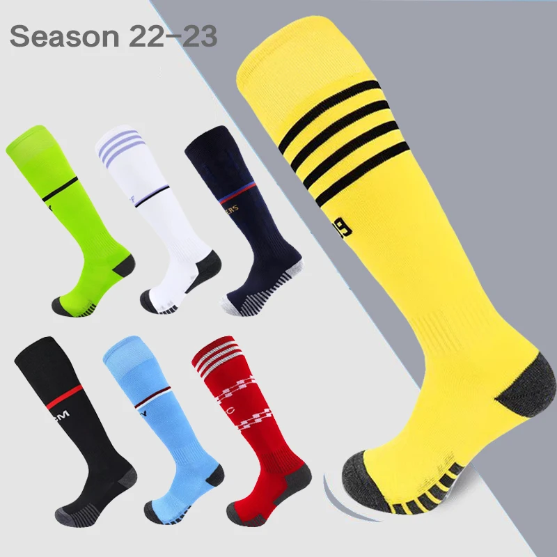 22-23 European Football Club Adult Kids Sports Soccer Socks Knee High Sports Long Stocking Thicken Towel Bottom