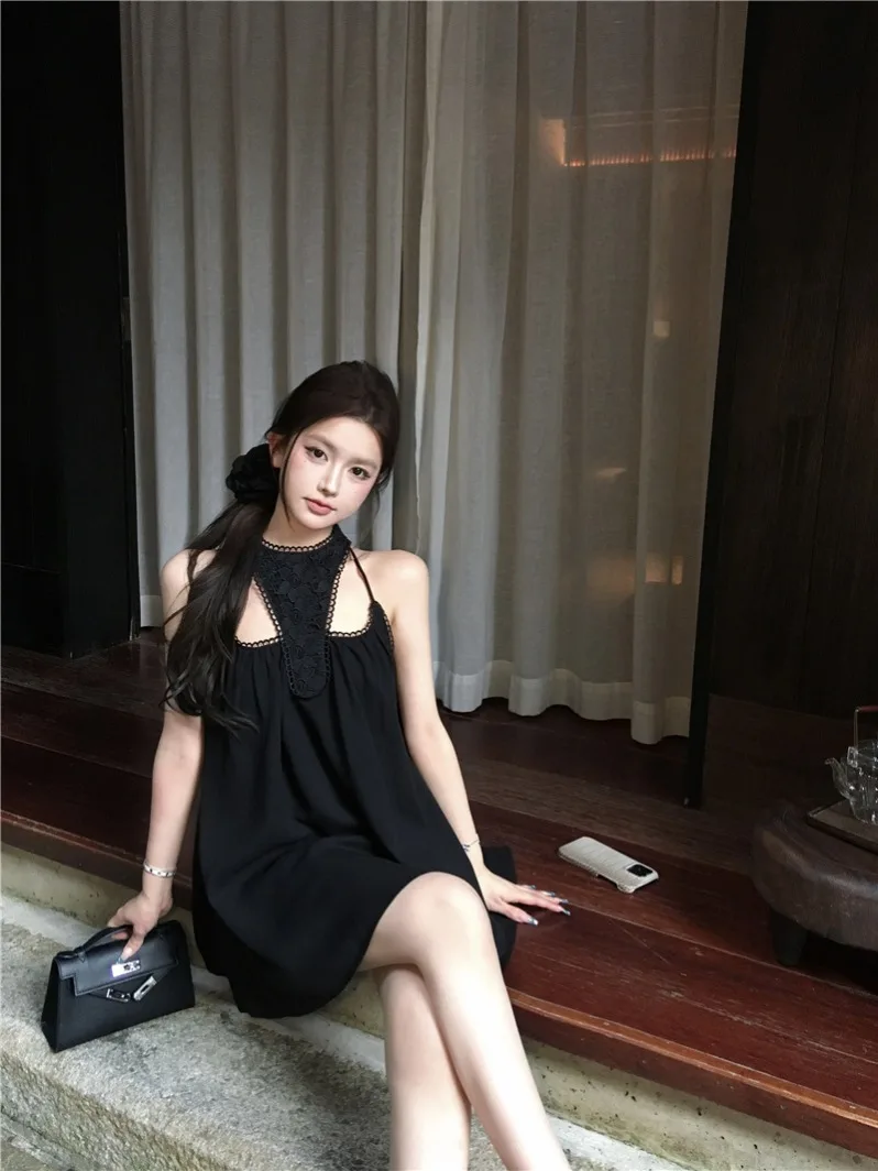 

Sexy Lace Patchwork Sleeveless Mini Dress Woman 2024 Summer Korean Elegant Fashion Neck-mounted Chiffon Casual Female Clothing