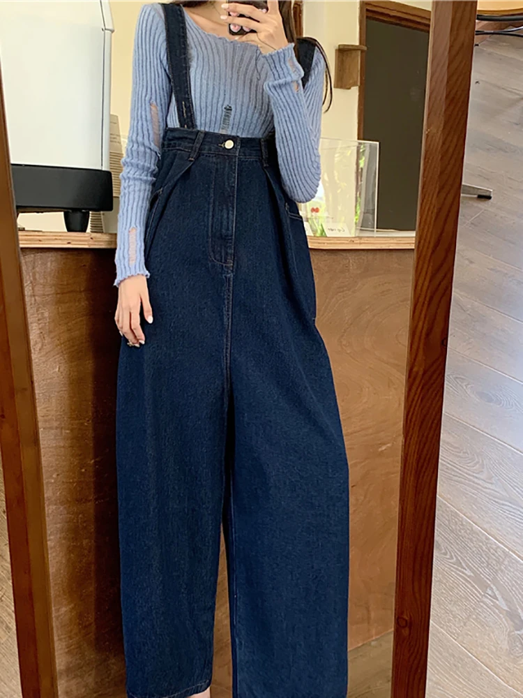 

S-5xl Trendy Women Denim Suspender Trousers Casual High Waist Straight Wide Leg Pants Plus Sized Female Jean Jumpsuits