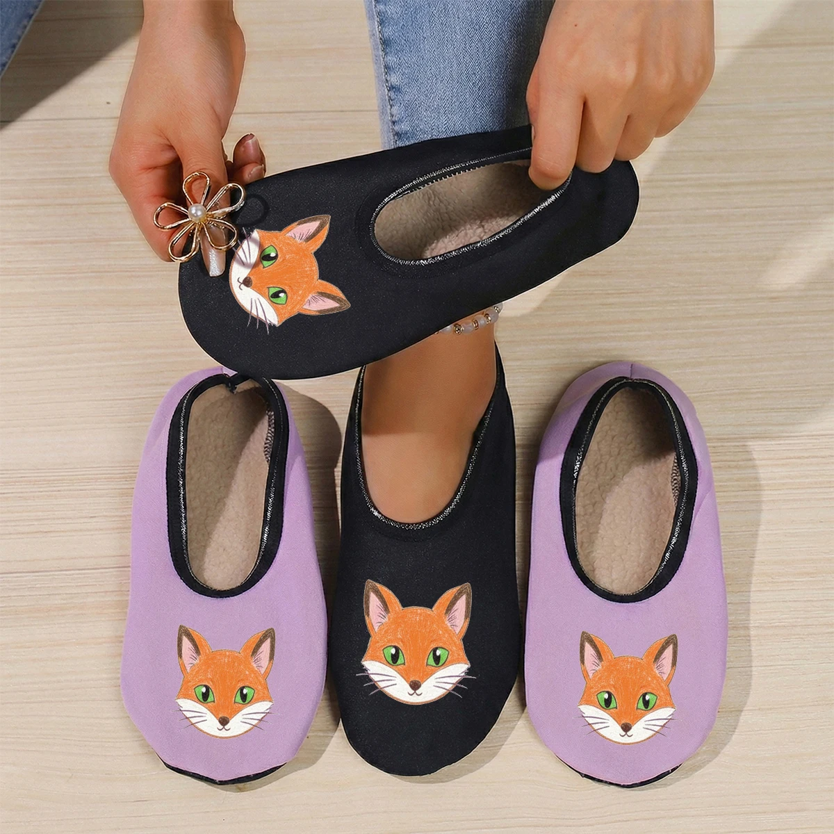

Four season wearable women's cute animal fox print suede breathable high elasticity indoor non slip floor slippers
