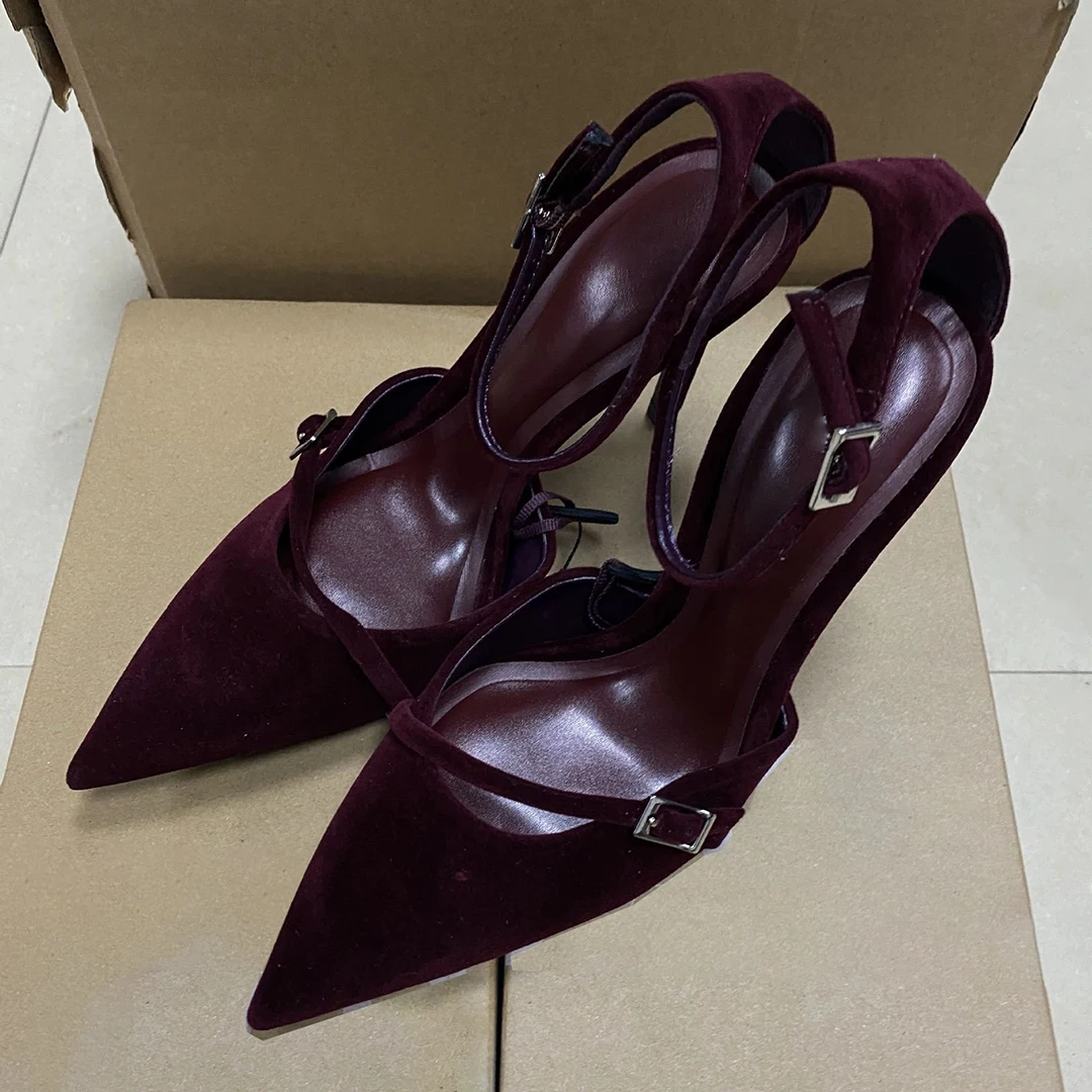 Burgundy Pointed-Head Closed Toe Stilettos Women 2025 Metal Ankle Strap High Heel Pump Shoes Elegant Thin Heel Sandals For Woman