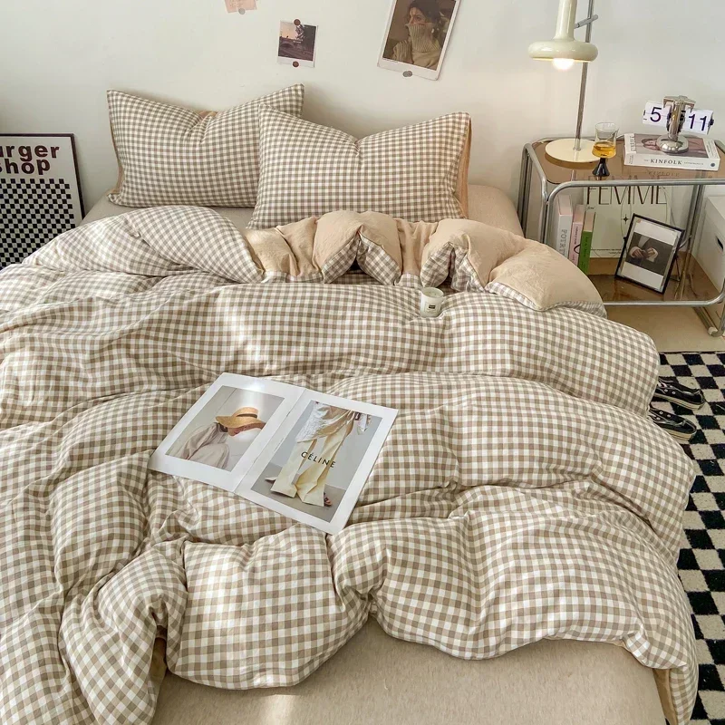 Japanese Style Check Queen Duvet Cover Set 1/3 Pcs Soft Washed Quilt Cover and Pillowcase or Only Quilt Covers Blanket Cover Set