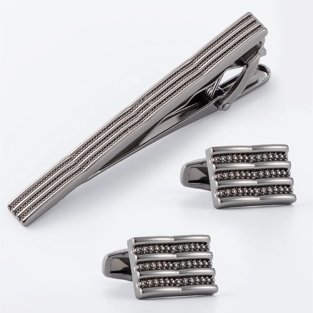 Black Plated Striped Beaded Tie Clip & Cufflinks Set Men Modern Formal Suit Accessories