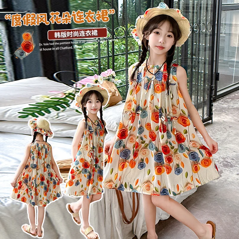2025 Sleeveless lace Toddler Girl Summer Clothes FLORAL pearl Pleated Slip Dresses Casual Princess Party Kids 4 8 10 11 year